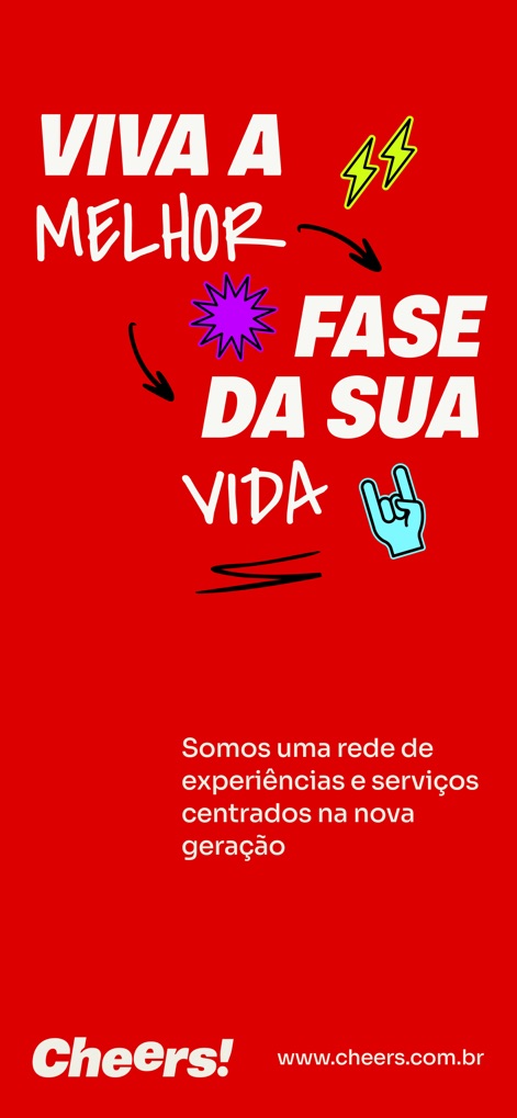 Cheers App - Dieses Bild präsentiert die dynamische visuelle Identität der App, erkennbar an der kräftigen Typografie des Slogans und den verspielten grafischen Elementen.