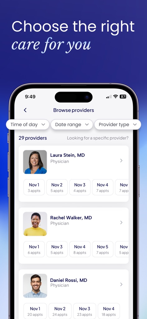 Mochi Health: Weight Loss Care - The app allows users to efficiently browse available providers using filters such as "Time of day" and "Provider type", presenting a clear list of specialists with their respective appointment availability.