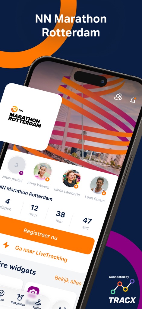 NN Marathon Rotterdam - Discover how the app presents a personalized event dashboard with quick access to user profiles and a real-time countdown to the marathon.