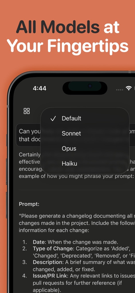 Mobile IDE for Claude Code - Users can effortlessly select from various Claude AI models like Sonnet and Opus, optimizing the AI's response for specific coding tasks.