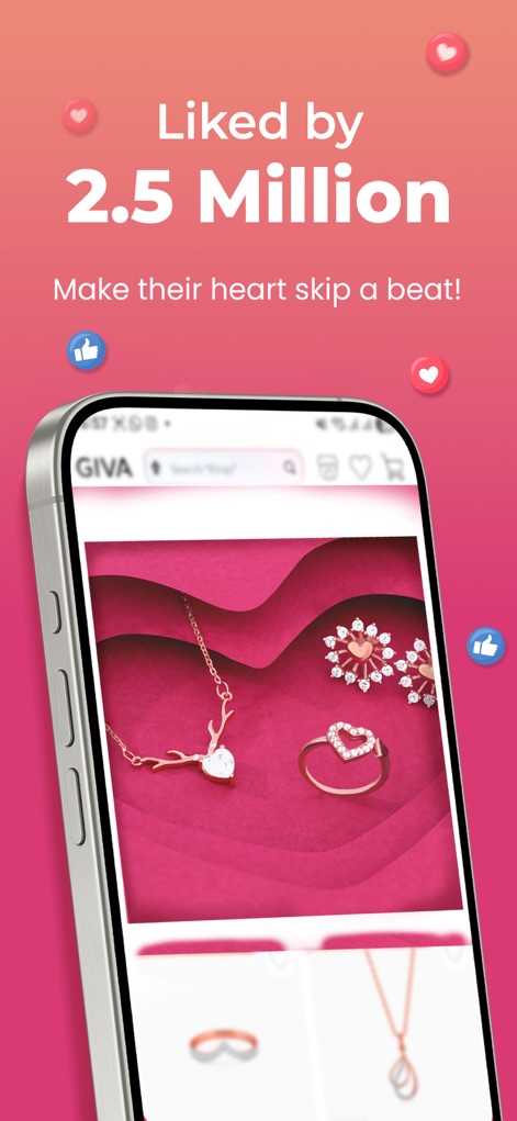 GIVA: Silver & Gold Jewellery - This view highlights the app's popularity, displaying stylish jewellery designs and indicating over 2.5 million users who 'like' its collections.