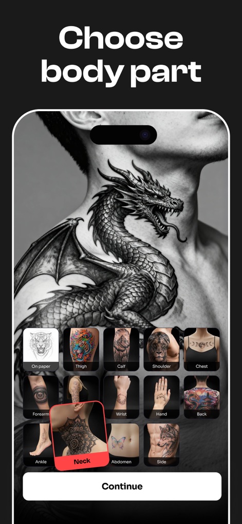 Tattooist: AI Tattoo Generator - Nutzer können hier ein Drachen-Tattoo am Hals eines Models betrachten und aus einer Auswahl von Körperpartien die optimale Platzierung für ihr Design wählen.
