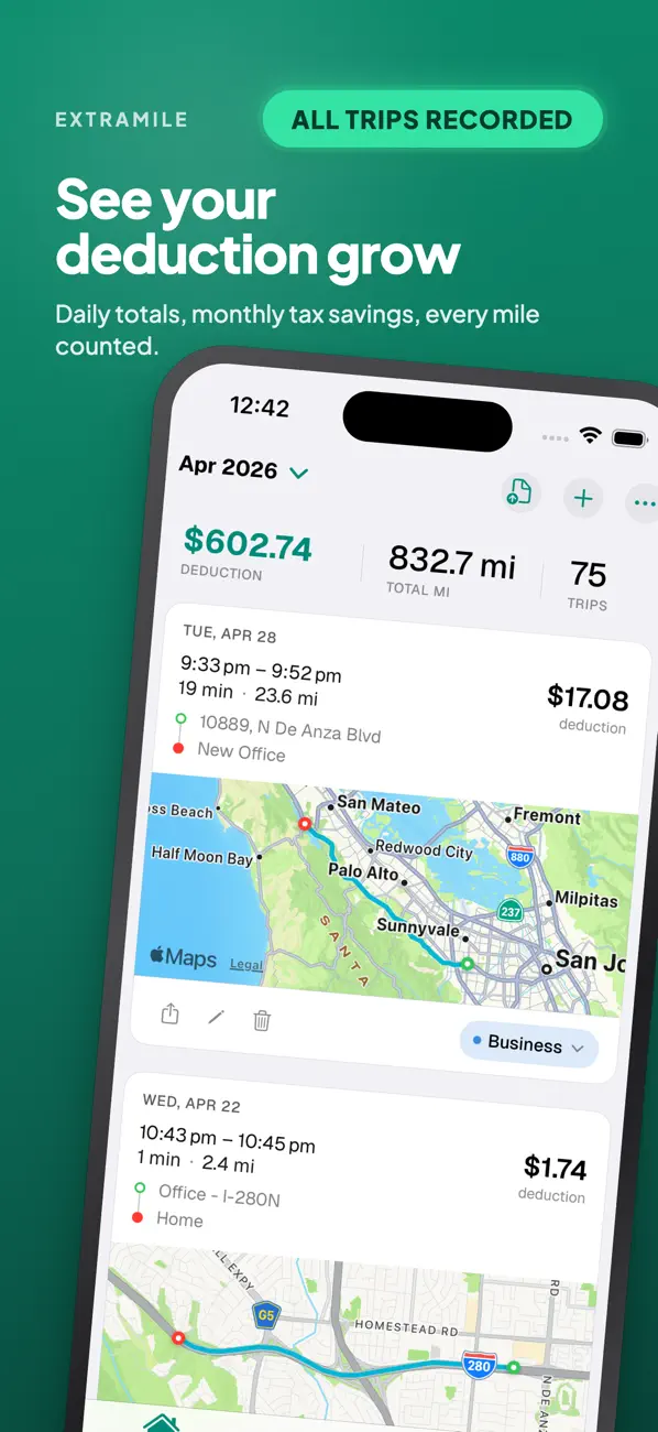 Screenshot #2 pour ExtraMile: IRS Mileage Tracker