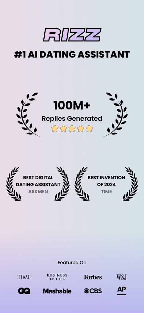 RIZZ - このスクリーンショットは、RIZZが生成した1億件以上の返信数と、TIMEやForbesといった有名メディアでの掲載実績を示しています。