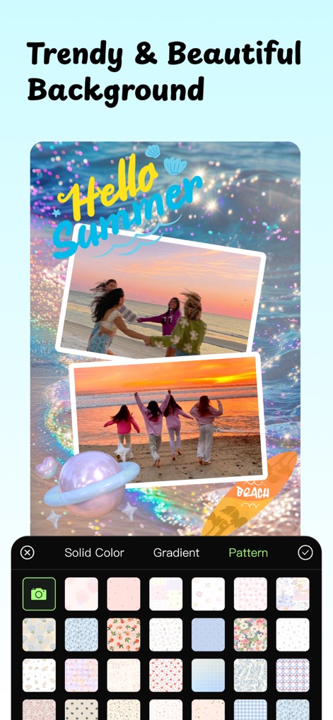 PhotoGrid Collage Maker Staril - Donnez une ambiance unique à vos collages grâce à des arrière-plans modernes et une sélection impressionnante de motifs vibrants.