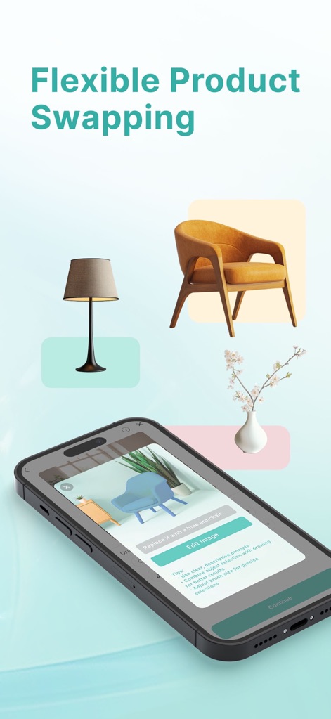 HomeVibe – AI Home Design - O recurso de 'Flexible Product Swapping' permite aos usuários substituir facilmente itens no design, como ilustrado pela opção de 'Replace it with a blue armchair', enquanto outros elementos decorativos como uma luminária e um vaso com flores são apresentados para customização.