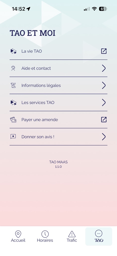 Tao Orléans - L'app presenta una sezione dedicata 'TAO ET MOI' dove gli utenti possono accedere a informazioni utili come 'Aide et contact' e fornire feedback tramite l'opzione 'Donner son avis !'.