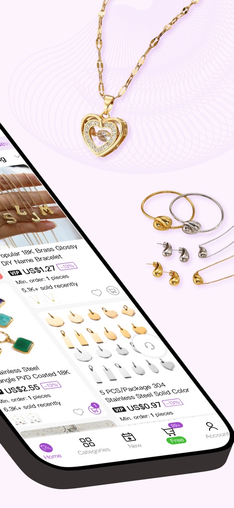 Nihaojewelry-Wholesale Online - Diese Ansicht präsentiert detaillierte Produktlisten mit einem prominenten goldenen Herzanhänger und verschiedenen Schmuckstücken wie Armbändern und Ohrringen, die die Breite des Sortiments zeigen.