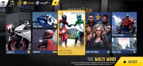 Rider 3D Racing Bike Games - A tela de seleção de modos apresenta diversas opções, incluindo o desafiador "Multiplayer" para corridas contra outros jogadores e o aprofundado modo "Career" para progressão individual.