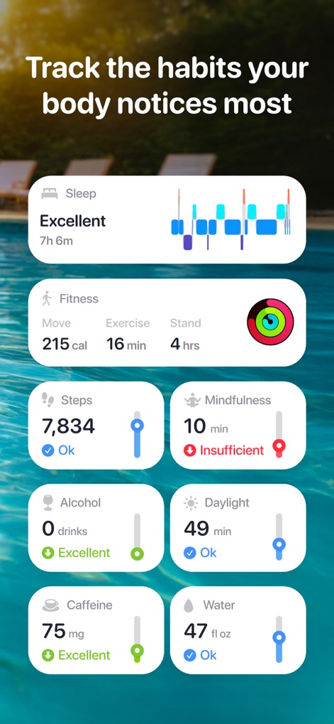 Harvee: Watch Stress Monitor - Users can track a comprehensive suite of daily habits, from "Sleep" and "Fitness" to "Caffeine" and "Water" intake, with clear status indicators for each.