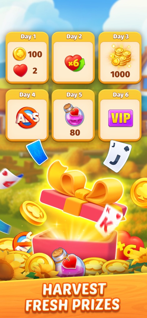 Solitaire Farm Adventure - The app presents a clear daily reward calendar with various bonuses and features a vibrant gift box animation, bursting with coins and playing cards for players to collect.
