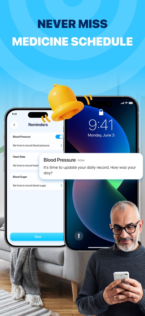 BP Tracker: Pressure Log - Ensure consistent tracking by setting personalized reminders for blood pressure, heart rate, and blood sugar, with clear notification popups prompting users to update their daily records.