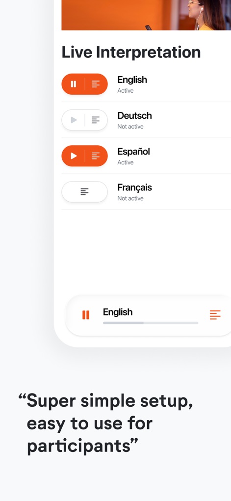 LiveVoice - O aplicativo apresenta uma seleção clara de 'canais de idioma' disponíveis, onde os usuários podem facilmente identificar o canal 'Español' como ativo e controlar a reprodução através dos botões intuitivos de play/pause.