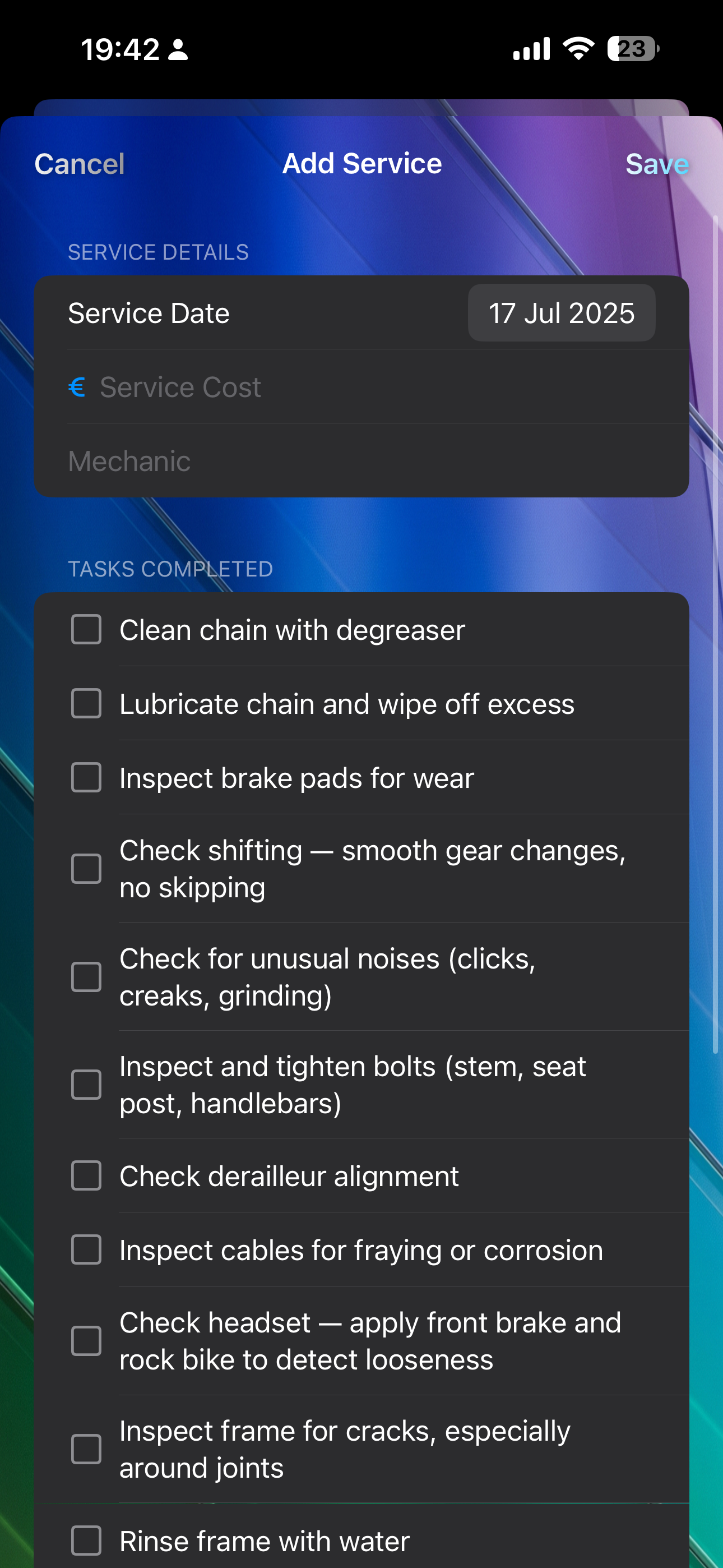 RD Bike maintenance Records