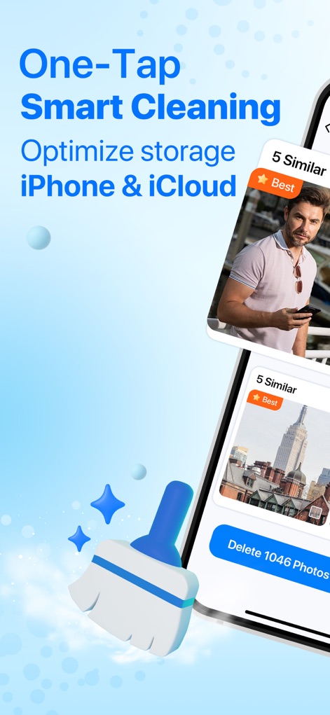 AI Cleaner:Clean Phone Storage - La interfaz destaca la función de limpieza inteligente con un solo toque, permitiendo a los usuarios optimizar el almacenamiento de su iPhone y iCloud. Los elementos visuales clave incluyen el texto 'One-Tap Smart Cleaning' y el icono de una escoba junto al botón 'Delete 1046 Photos', ilustrando la facilidad de la acción.