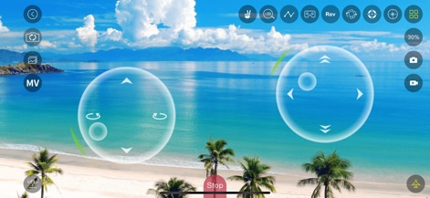 KY UFO - Users can manage flight dynamics through responsive virtual joysticks and access quick functions like the camera controls and various flight adjustments from the top icon bar.