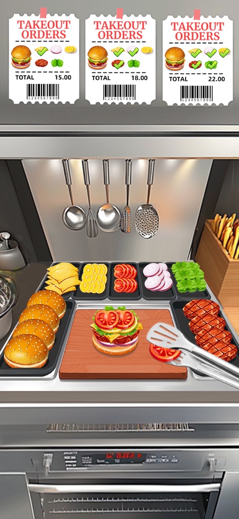 Cooking Fun®: Food Games - This visual highlights the efficient burger preparation area, showcasing fresh burger patties and a variety of toppings available to fulfill customer takeout orders.