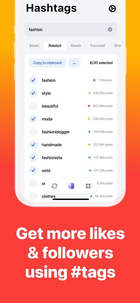 Repost Posts Videos: RepostMax - L'app supporta la crescita della community suggerendo hashtag ottimizzati, visibili nelle diverse schede come "Related", e offre la comoda funzione "Copy to clipboard" per applicarli rapidamente.