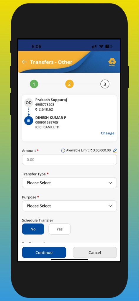 IndSMART IndianBank Mobile App - The fund transfer interface guides users through a clear multi-step process indicated by progress numbers (1, 2, 3) and features dedicated fields for 'Amount' and 'Transfer Type'.