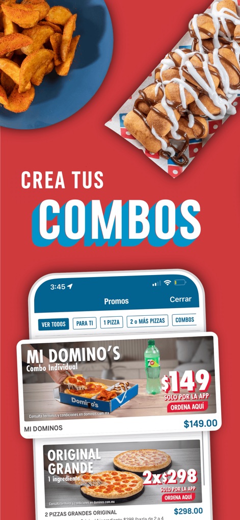 Domino's Pizza México - Los usuarios pueden maximizar su compra, visualizando combos como el “Mi Domino’s Combo Individual” y promociones destacadas para “2 Pizzas Grandes Original”, diseñadas para compartir.