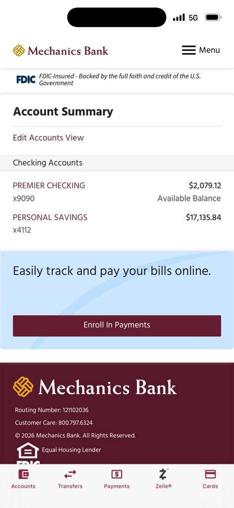Mechanics Bank Mobile Plus - Users can effortlessly review their Account Summary with a clear list of Checking and Savings accounts, alongside a prominent "Enroll In Payments" button for bill management.