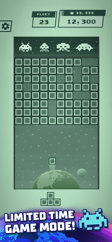 Tetris® - Observe the unique greyscale aesthetic and the integration of Space Invaders icons in this limited-time game mode, featuring score and fleet counters.