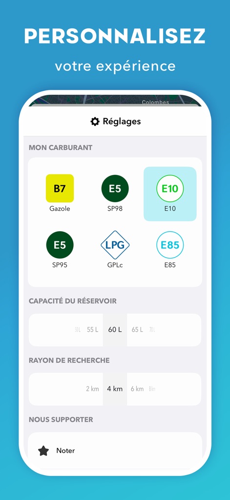 Prix Carburant - France - Nutzer können ihre Erfahrung personalisieren, indem sie den "MON CARBURANT"-Typ wie E10 auswählen und den "RAYON DE RECHERCHE" auf eine gewünschte Distanz einstellen.