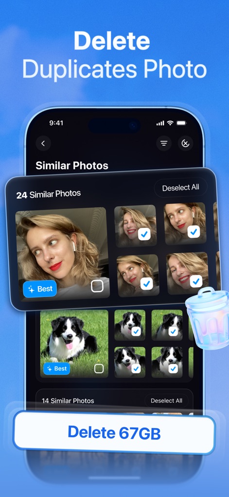 KeepClean AI: Storage Cleaner - The app intelligently groups "Similar Photos" for easy review, allowing users to select and delete significant amounts of data, indicated by the "Delete 67GB" button.