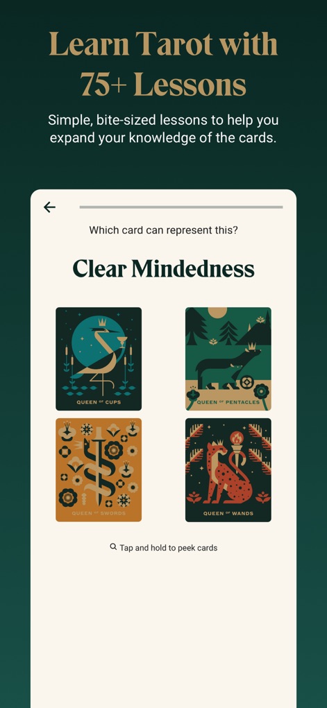 Labyrinthos Tarot Reading - The app facilitates learning through interactive learning questions, presenting visual examples of tarot cards for specific concepts like 'Clear Mindedness' to deepen understanding.