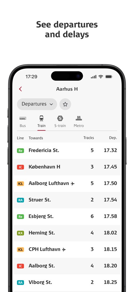 DSB - Stay informed with real-time departure information, offering filterable views by transport type and a detailed list of upcoming services, including line, destination, and track numbers.
