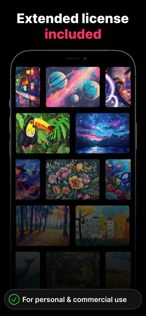 Artist Brushes for Procreate - View a gallery of finished artworks, from colorful cosmic scenes to detailed nature illustrations, demonstrating the brushes' versatility for 'personal & commercial use'.
