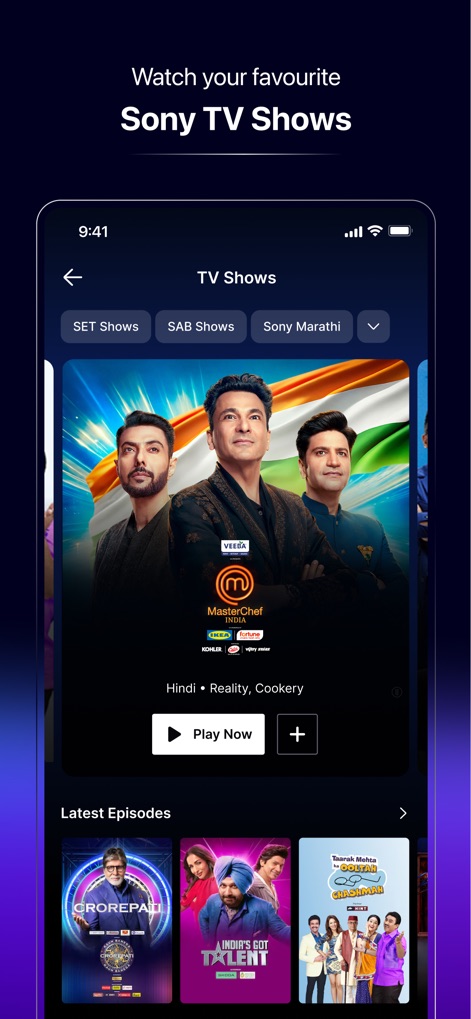 Sony LIV - Le catalogue de séries télévisées met en avant des émissions populaires comme "MasterChef India", avec la possibilité de filtrer le contenu par chaînes spécifiques telles que 'SET Shows' et 'Sony Marathi'.