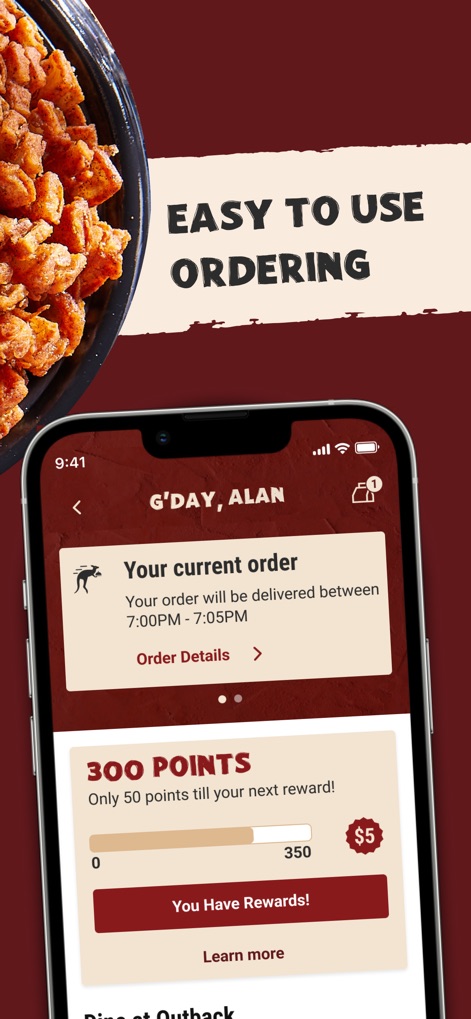 Outback Steakhouse - Users can easily monitor their current order status and track their loyalty points progress, demonstrating the app's intuitive navigation for ongoing orders and rewards.