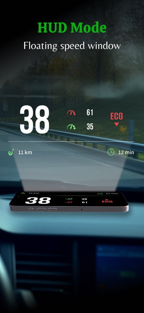 GPS Speedometer: MPH Tracker - El modo HUD proyecta la información de velocidad, mostrando claramente un 38 y el indicador "ECO" en el parabrisas del vehículo para una visualización sin distracciones.
