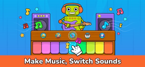 Baby Piano for Kids & Toddlers - Cet outil encourage l'éveil musical avec un clavier de piano aux touches colorées et permet aux enfants de choisir parmi une gamme d'instruments virtuels pour composer leurs mélodies.