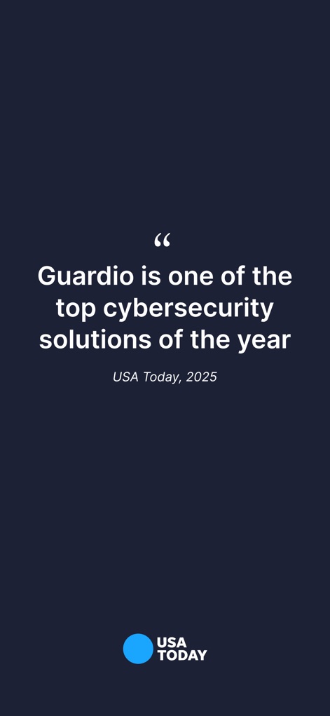 Guardio - Mobile Security - The app's credibility is reinforced by its recognition as a 'top cybersecurity solution' by 'USA Today', emphasizing its industry standing.