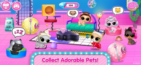 L.O.L. Surprise! Disco House - Los usuarios pueden observar una tierna colección de mascotas L.O.L. Surprise! en diferentes poses, algunas descansando en cómodas camas para mascotas, destacando la interacción con sus accesorios.