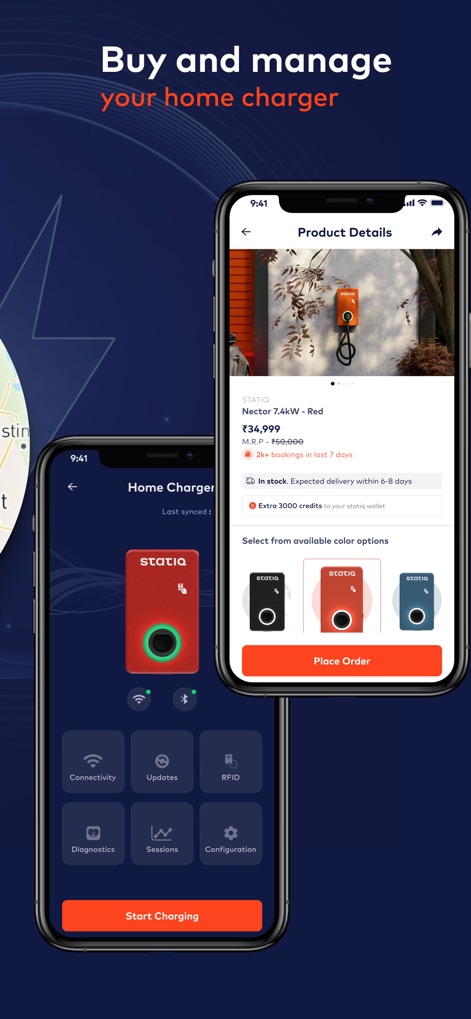 Statiq: EV Charging Stations - Gli utenti possono visualizzare i dettagli del prodotto per l'acquisto di un caricatore domestico, e successivamente gestirlo tramite opzioni come la connettività e il monitoraggio delle sessioni di ricarica.