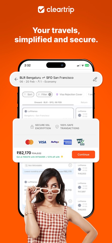 Cleartrip Flights, Hotels, Bus - 이 앱은 SSL 암호화 및 100% 안전한 거래와 같은 강력한 보안 기능을 제공하여 사용자의 여행 결제 데이터를 보호하며, 다양한 신용/직불 카드 브랜드를 지원하여 편리한 결제를 보장합니다.