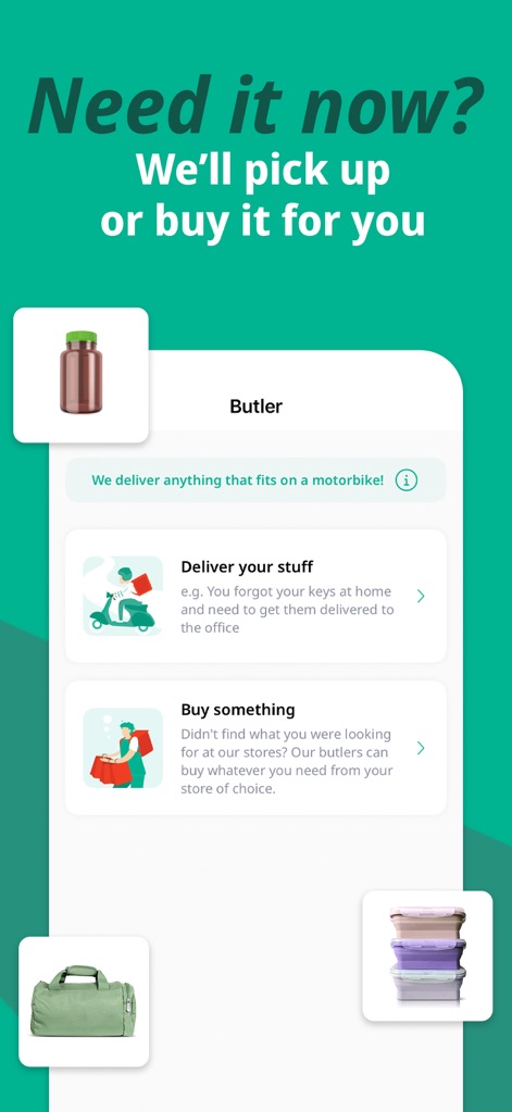 Toters توترز - L'app presenta il servizio "Butler", che permette agli utenti di far consegnare i propri oggetti o di acquistare qualcosa tramite un assistente personale, come indicato dalle opzioni "Deliver your stuff" e "Buy something".