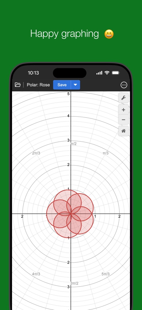 Desmos Graphing Calculator - Esta imagem demonstra a capacidade do aplicativo de renderizar gráficos polares complexos, como a curva de rosa, em um sistema de coordenadas polares detalhado com graduações angulares e radiais claras.