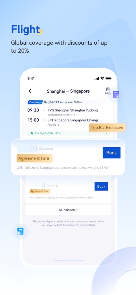 BizTravel-TMC experts - Discover comprehensive flight options, including international routes like Shanghai to Singapore, and the convenient "Agreement Fare" feature for cost savings.