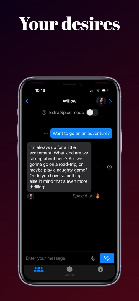 Spicy Chat AI - Delve into rich conversations with AI companions, where users can toggle 'Extra Spice mode' for more adventurous interactions and receive elaborately detailed responses.