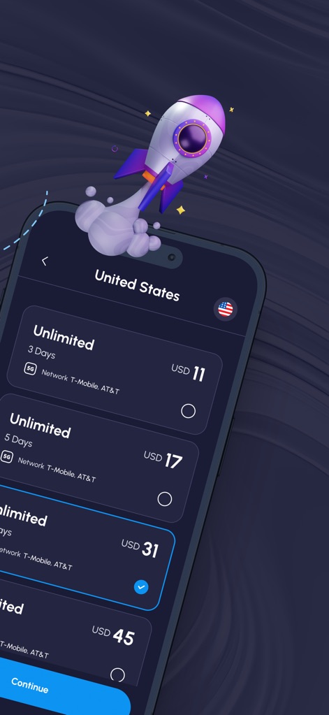 Nomad eSIM: Prepaid Data Plan - Los usuarios pueden explorar planes de datos ilimitados para varias duraciones, con la interfaz mostrando claramente las tarifas y días de validez para cada opción de conectividad.