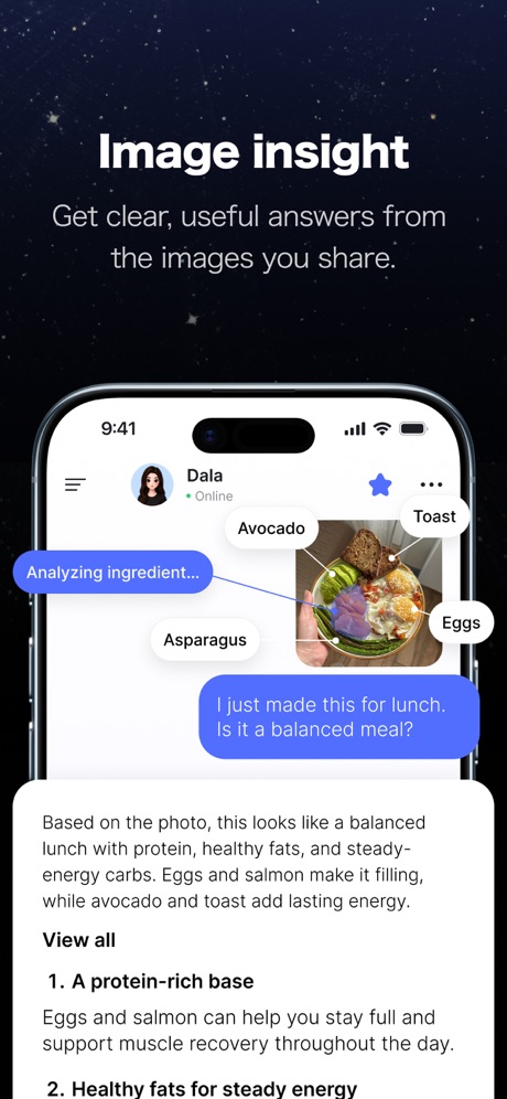 Dola AI: Smart Personal Helper App Store screenshot 6, headline “Image insight”. A hand holds the phone.