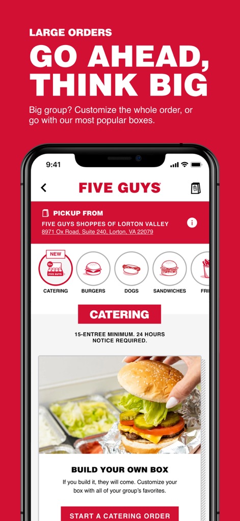 Five Guys Burgers & Fries - Für Gruppen oder Events bietet die App einen speziellen Bereich für Großbestellungen mit der Möglichkeit, eine eigene Box zusammenzustellen oder aus verschiedenen Essenskategorien zu wählen.