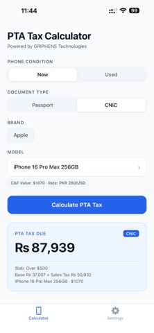 PTA Mobile Tax Calculator iPhone screenshot