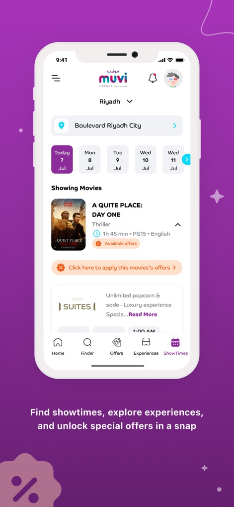 muvi Cinemas - This screen allows users to select specific dates via the date picker and view detailed movie information, including available offers for "A Quiet Place: Day One".