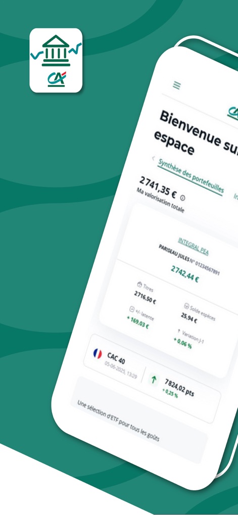 CA Bourse - The app provides an intuitive portfolio presentation, allowing users to visualize current investments and monitor key market indices like the CAC 40 in real-time.