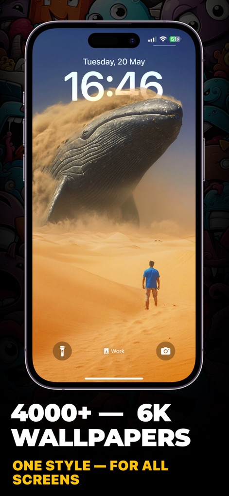 Cone AI Wallpapers 4K & 6К HD - This screenshot illustrates the app's extensive library of over 4000 6K wallpapers, displayed on an iPhone screen showcasing an imaginative whale-over-desert scene.